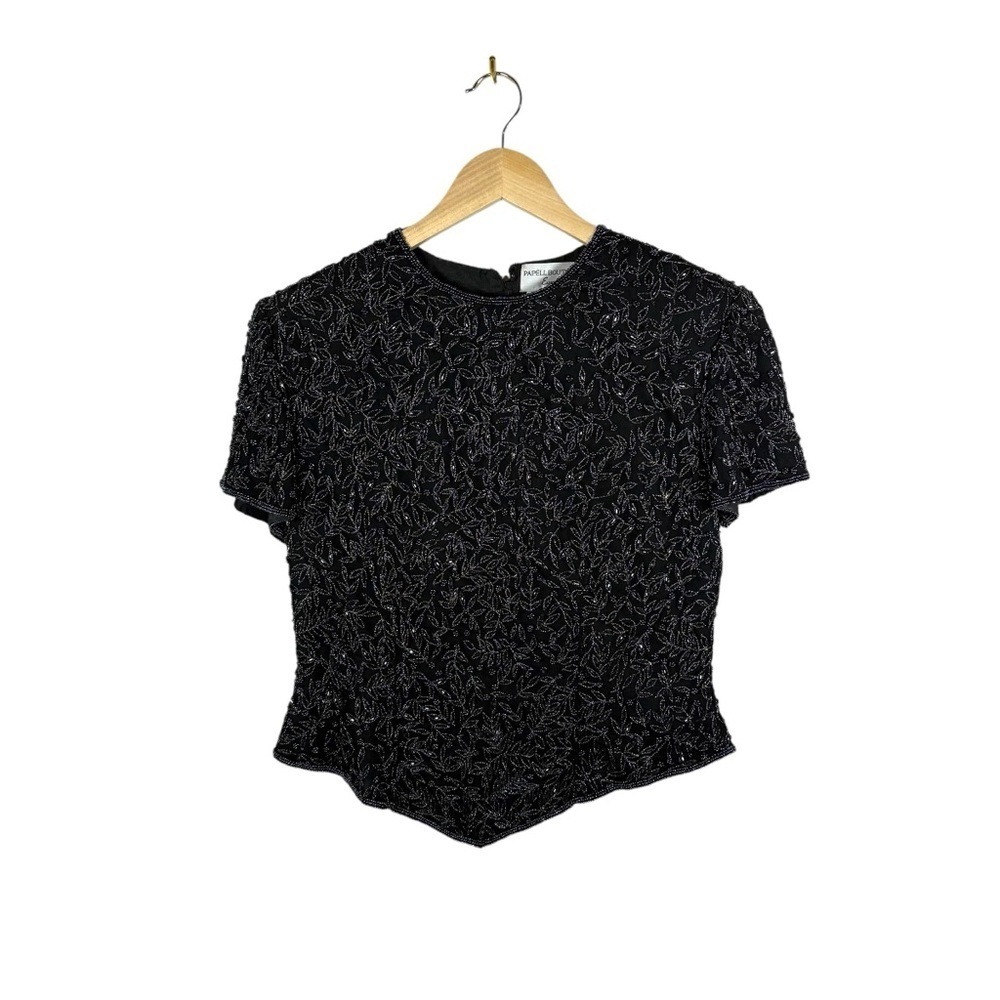 VINTAGE Papell Boutique Evening Silk Beaded Top in Black Size M